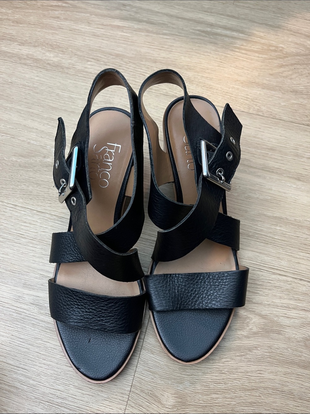 Franco Sarto Black Leather Buckle Slingback Sandals